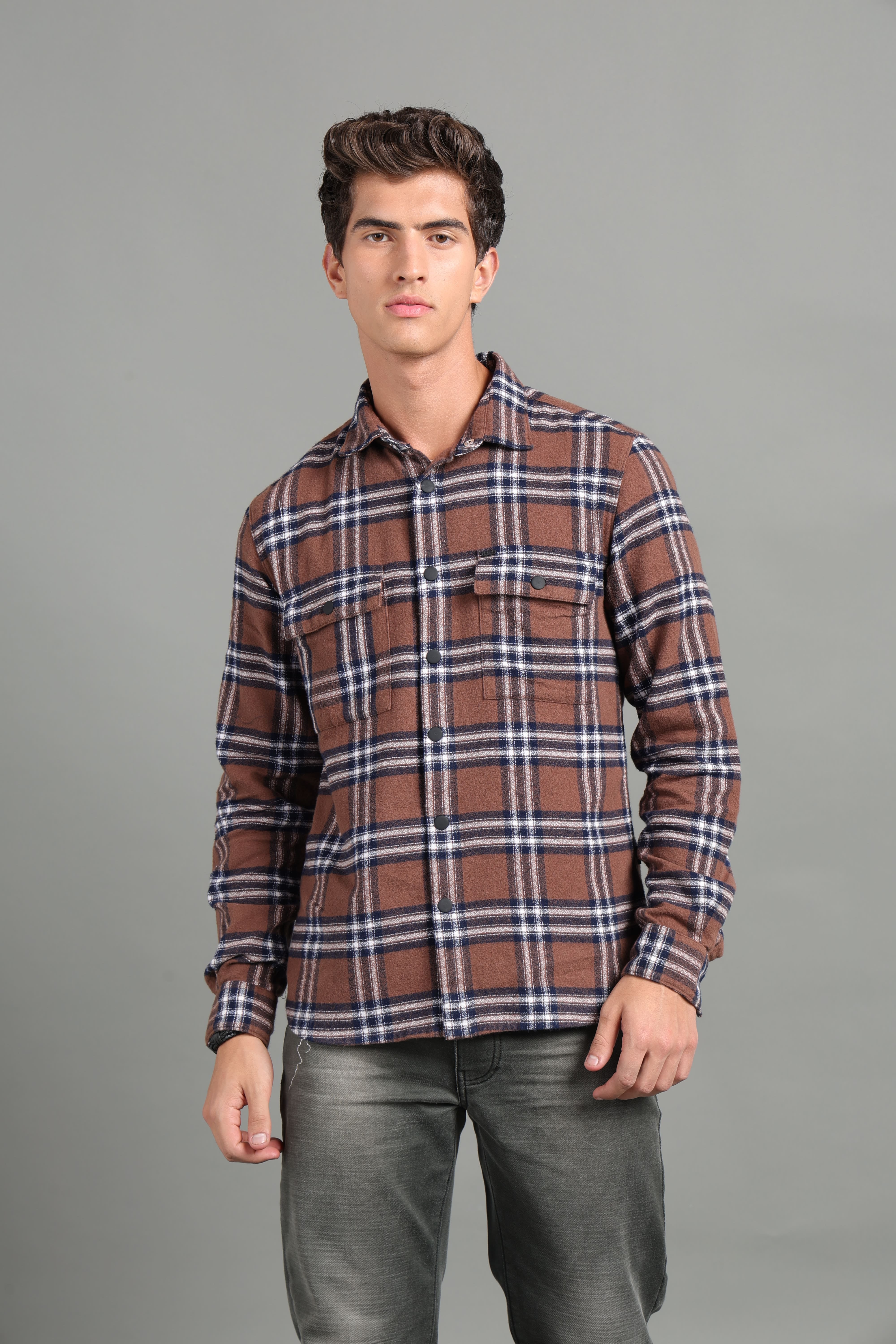 IDENTITI Men Slim Fit Regular Collar Checks Shacket In Brown.