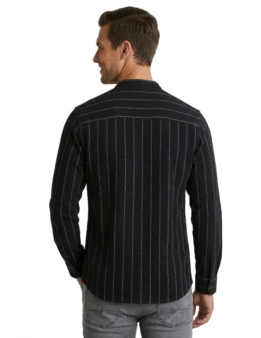 IDENTITI Men Slim Fit Mandarin Collar Striped Shirt In Black.