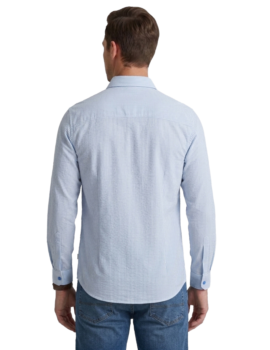 IDENTITI Men Slim Fit Cutaway Collar Striped Shirt In Blue.