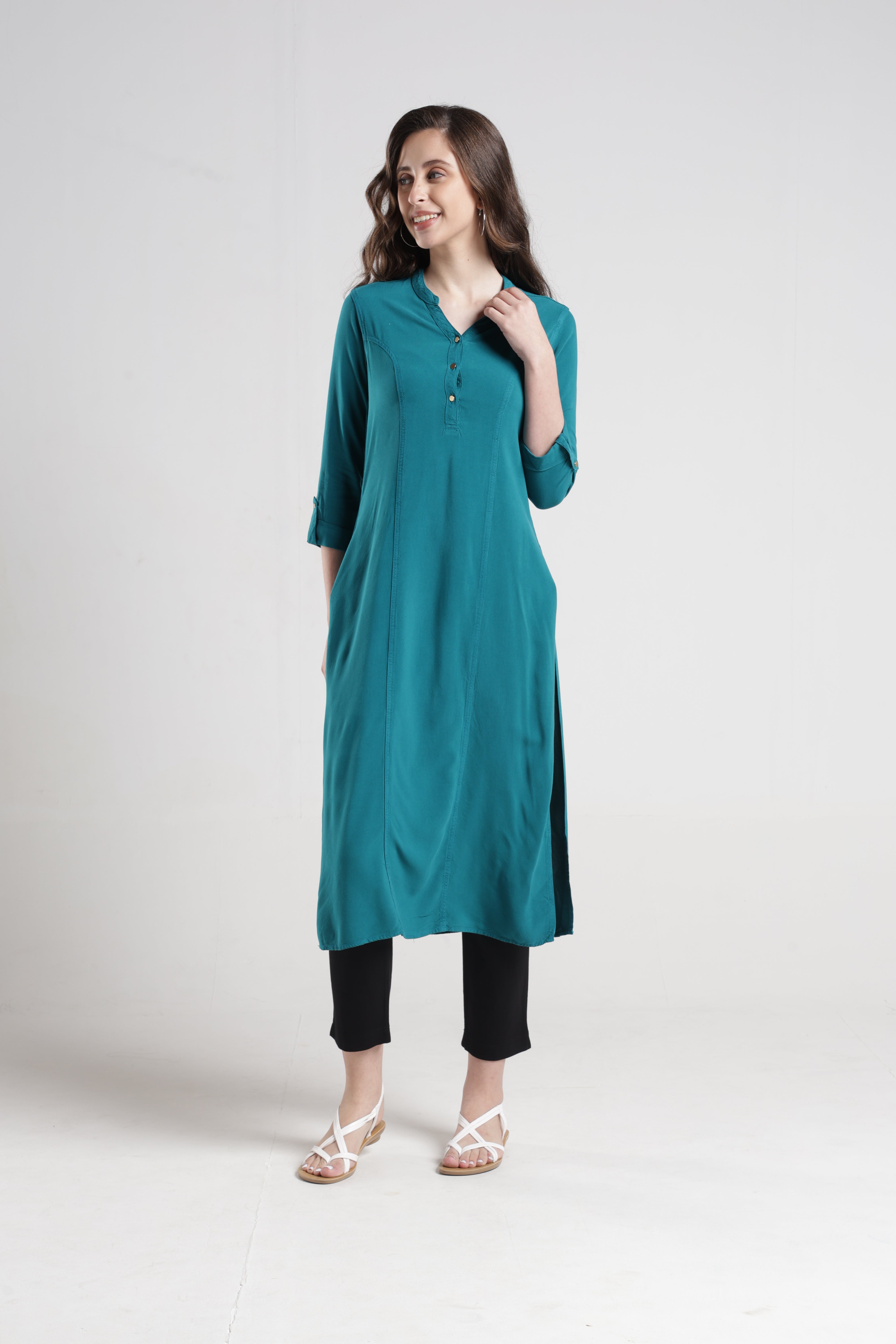 Identiti Women Indo Western Solid Tunic - Teal green