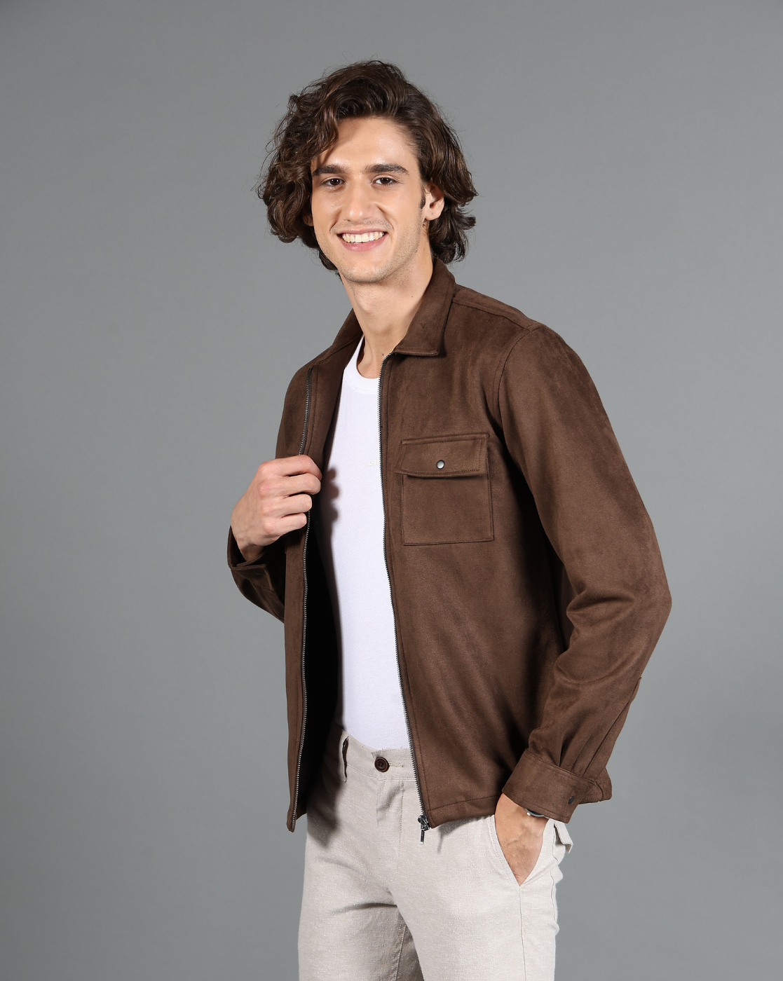 IDENTITI Men Slim Fit Regular Collar Solid Suede Jacket In Brown