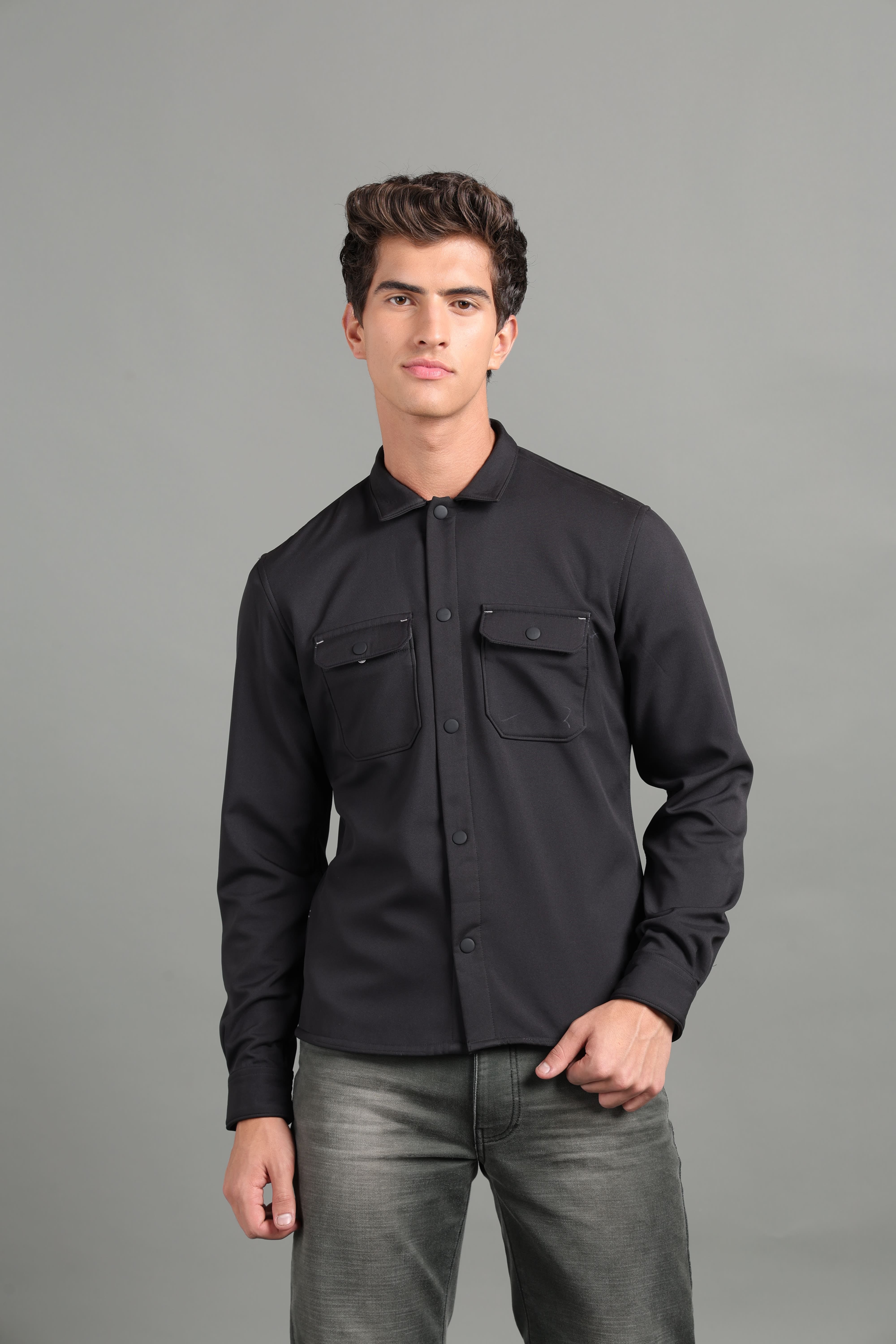 IDENTITI Men Slim Fit Regular Collar Solid Shacket In Black.