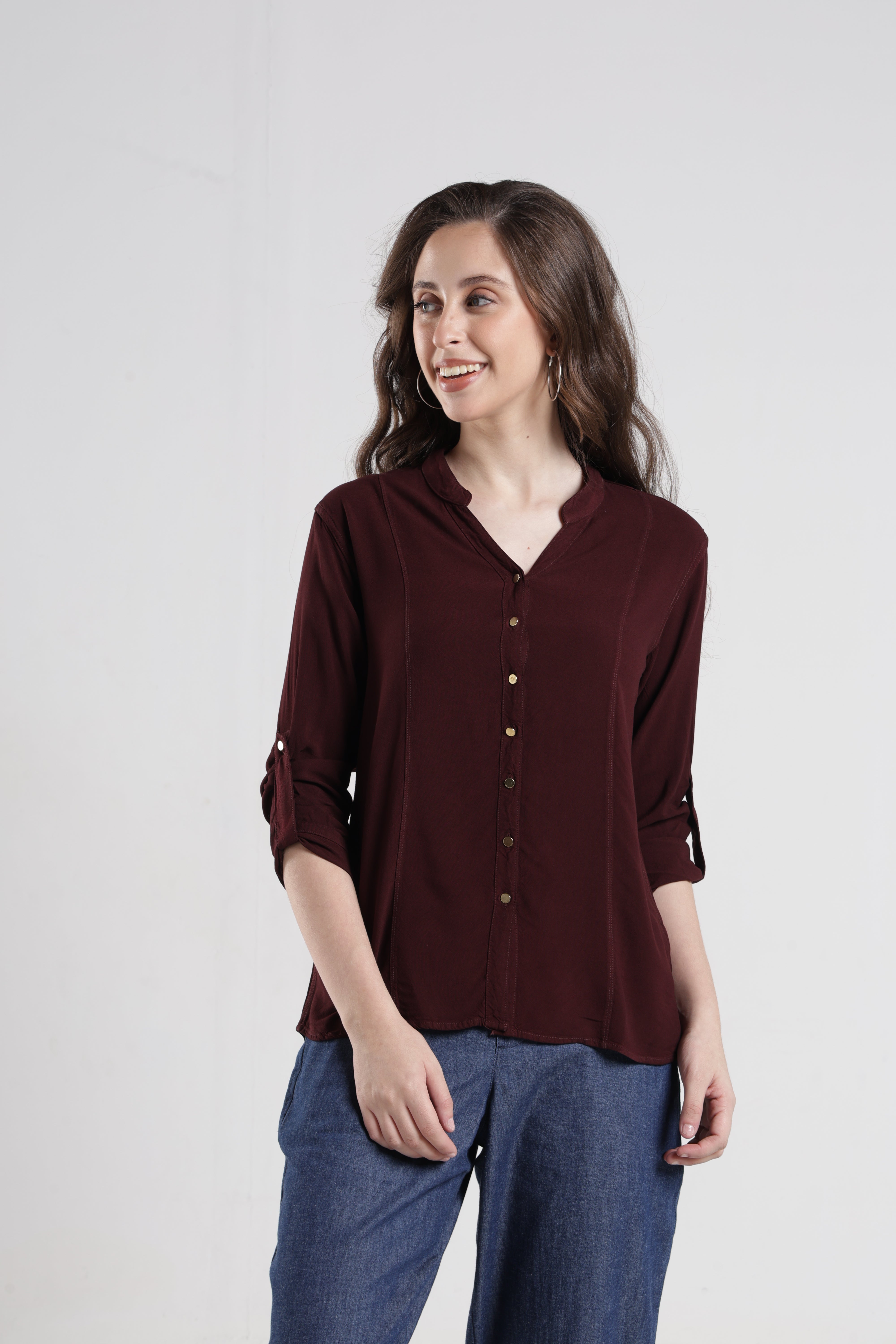 Identiti Women Indo Western Solid Shirt - Nut brown