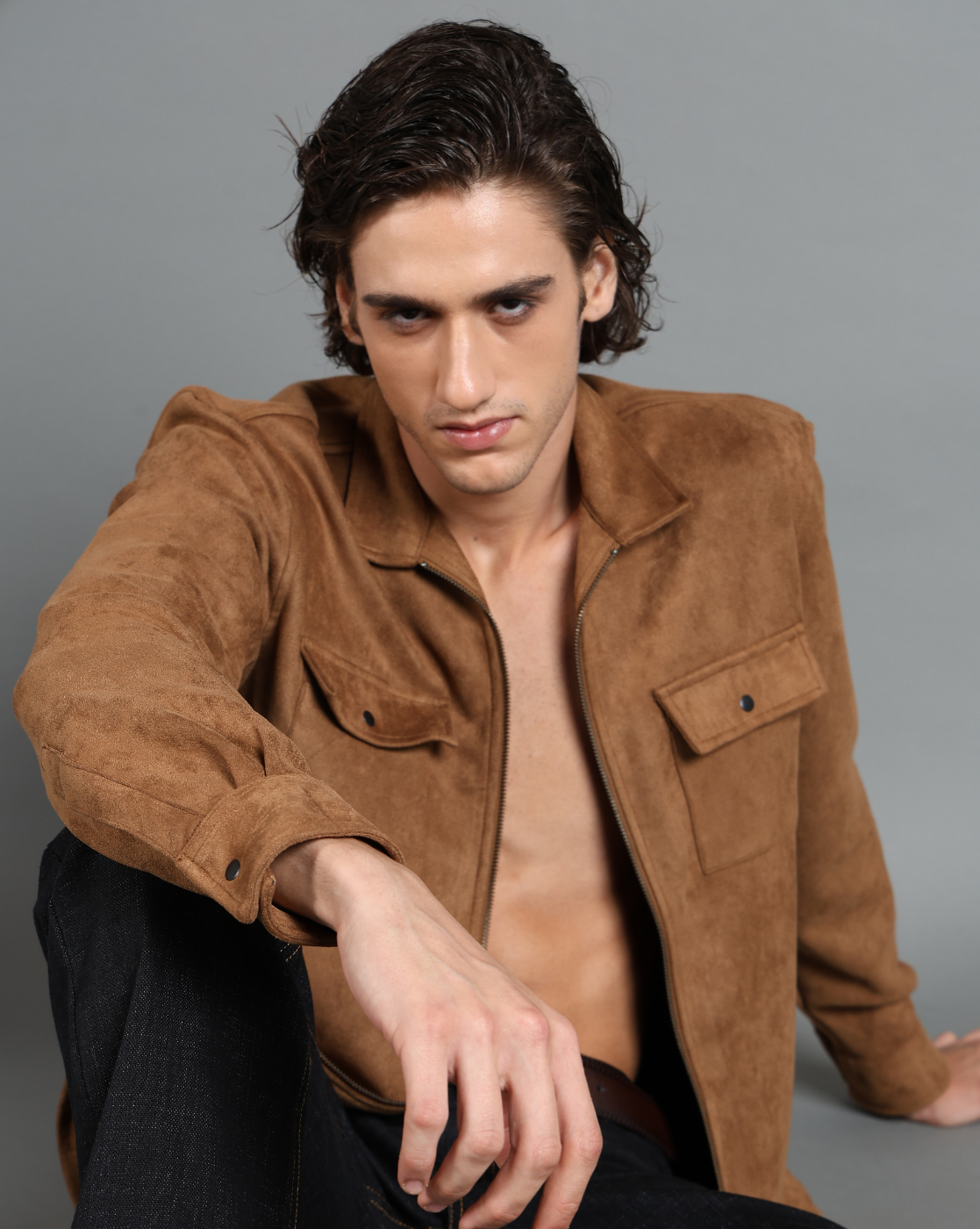 IDENTITI Men Slim Fit Regular Collar Solid Suede Jacket In Khaki