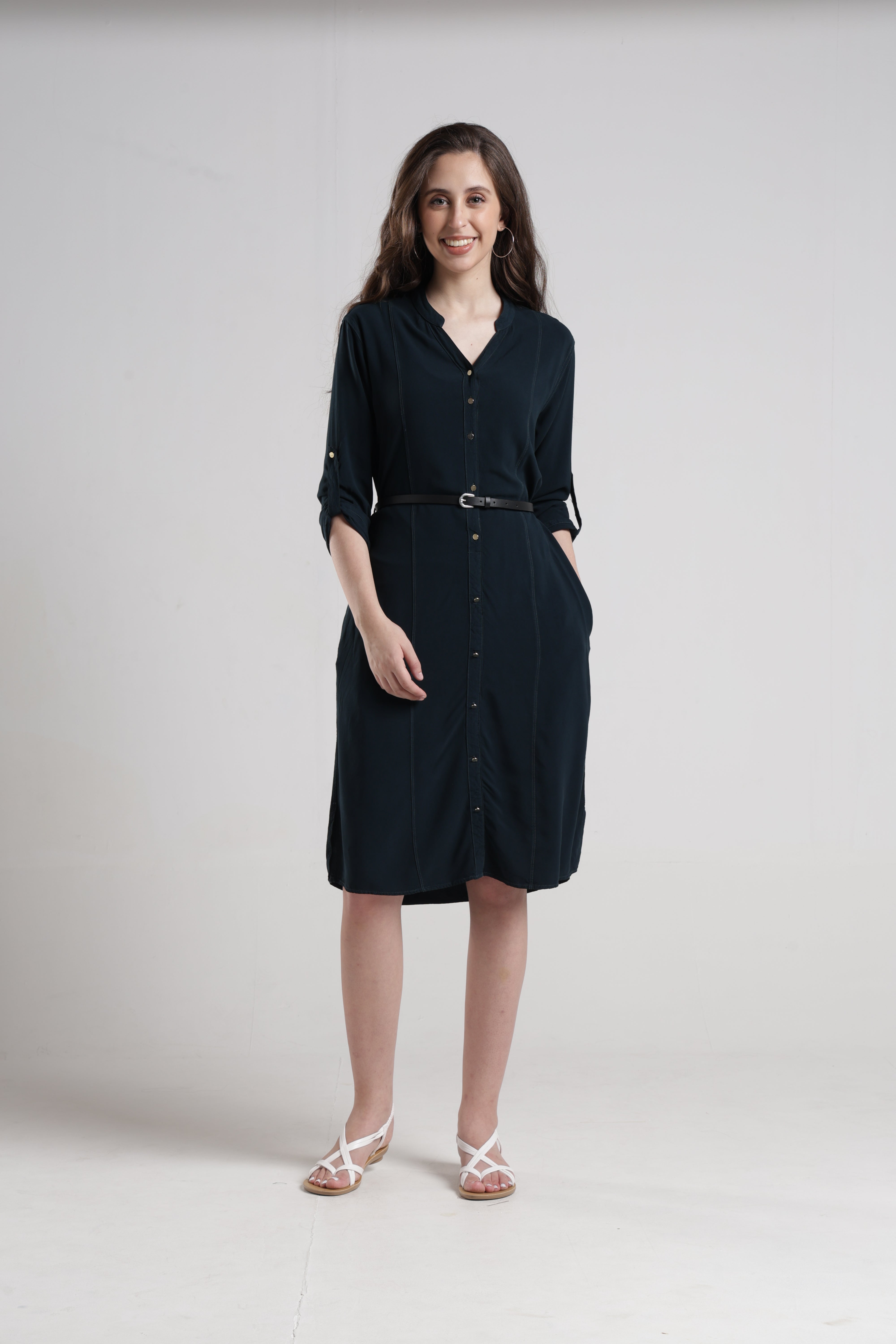 Identiti Women Indo Western Solid Dress - Jungle green