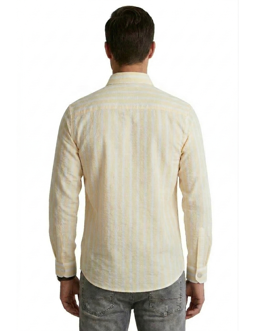 IDENTITI Men Slim Fit Spread Collar Striped Shirt In Yellow.