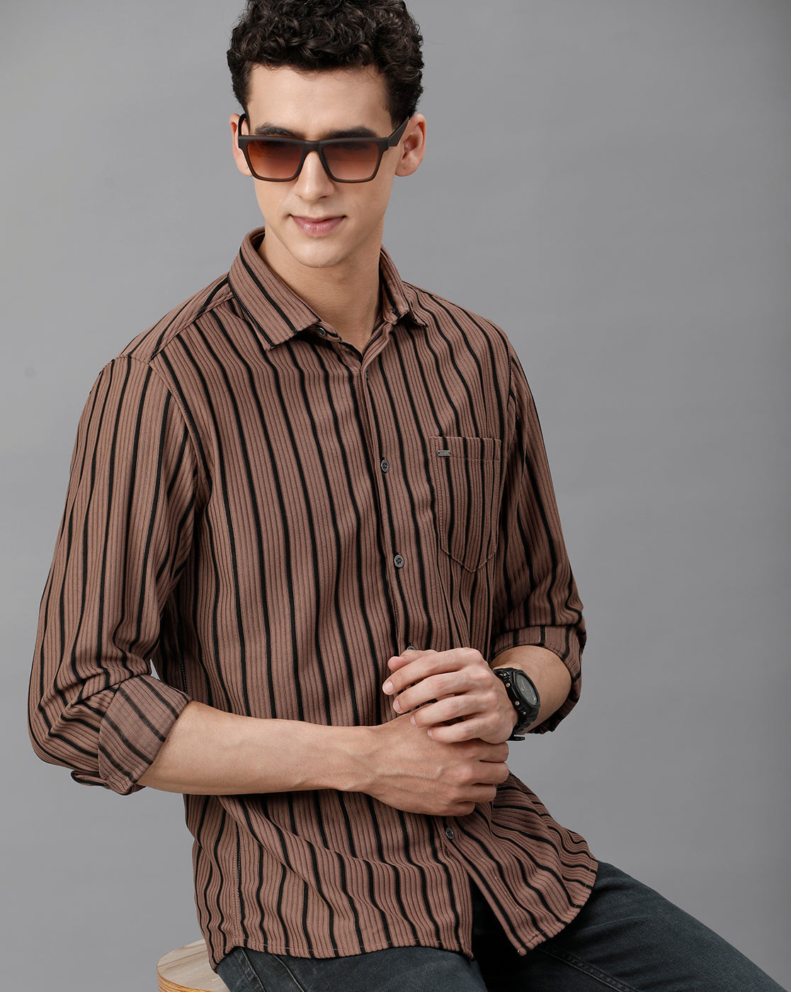 IDENTITI Men Slim Fit Regular Collar Stripe Shirt In Onion.