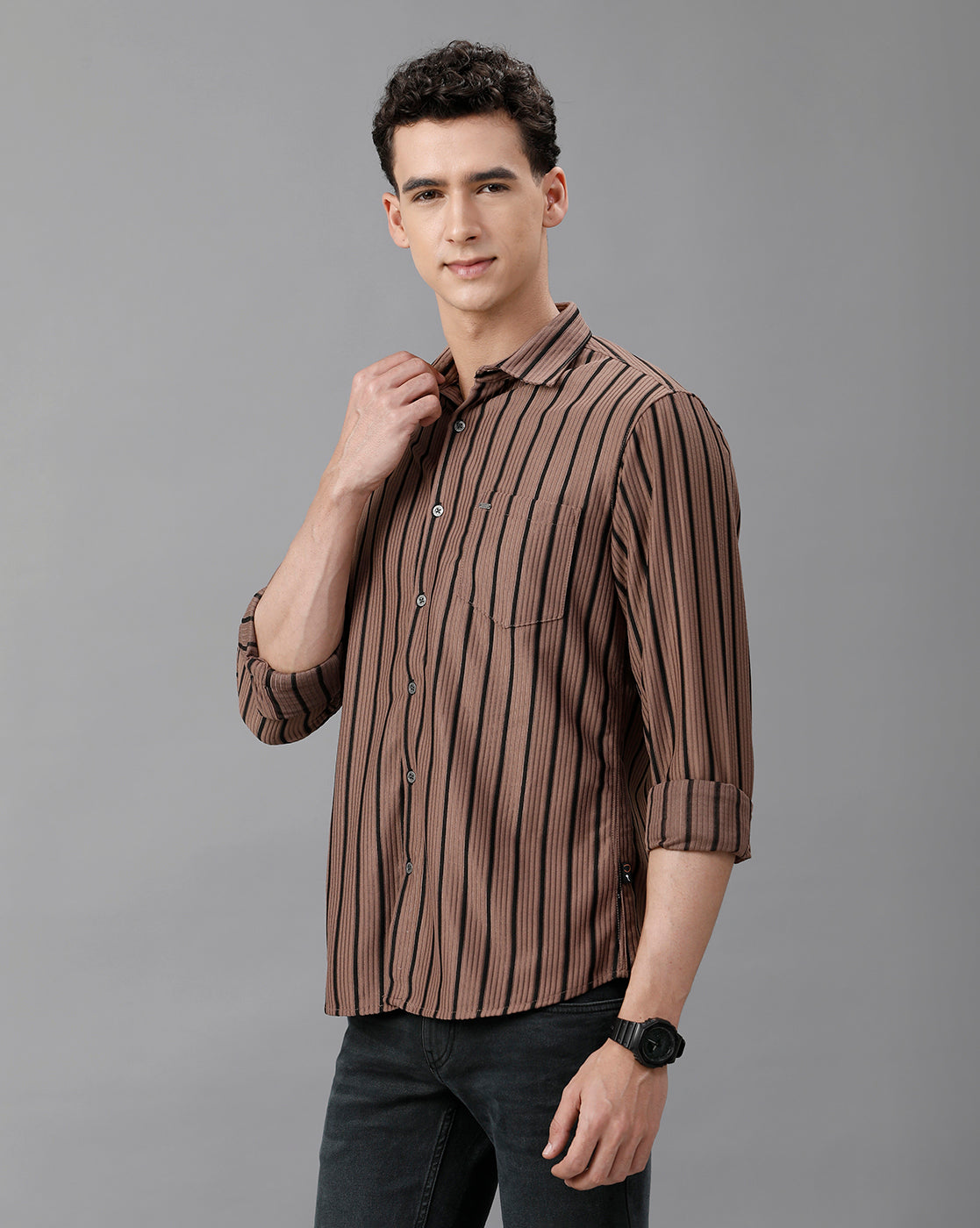 IDENTITI Men Slim Fit Regular Collar Stripe Shirt In Onion.