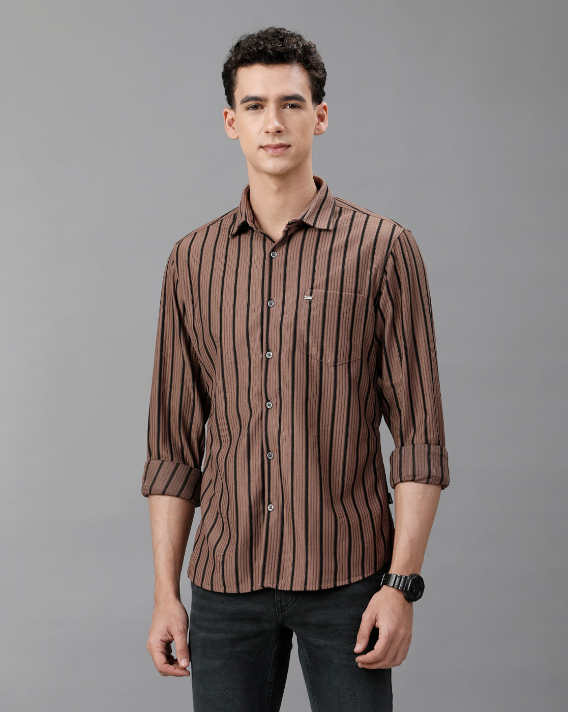 IDENTITI Men Slim Fit Regular Collar Stripe Shirt In Onion.