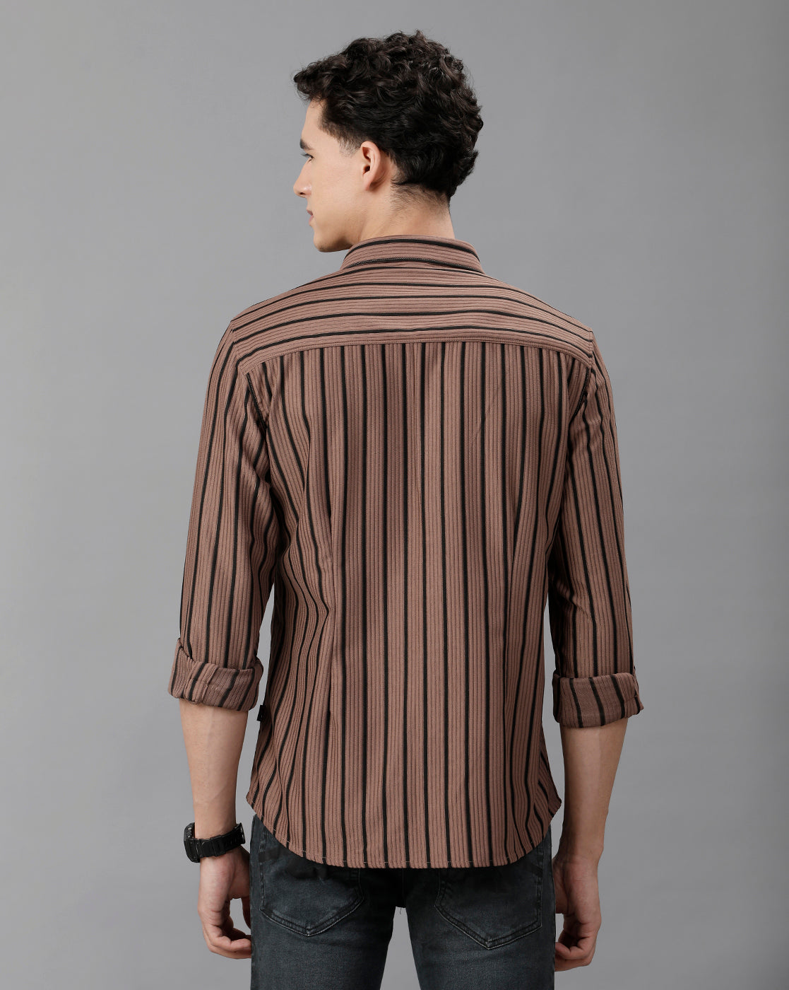 IDENTITI Men Slim Fit Regular Collar Stripe Shirt In Onion.