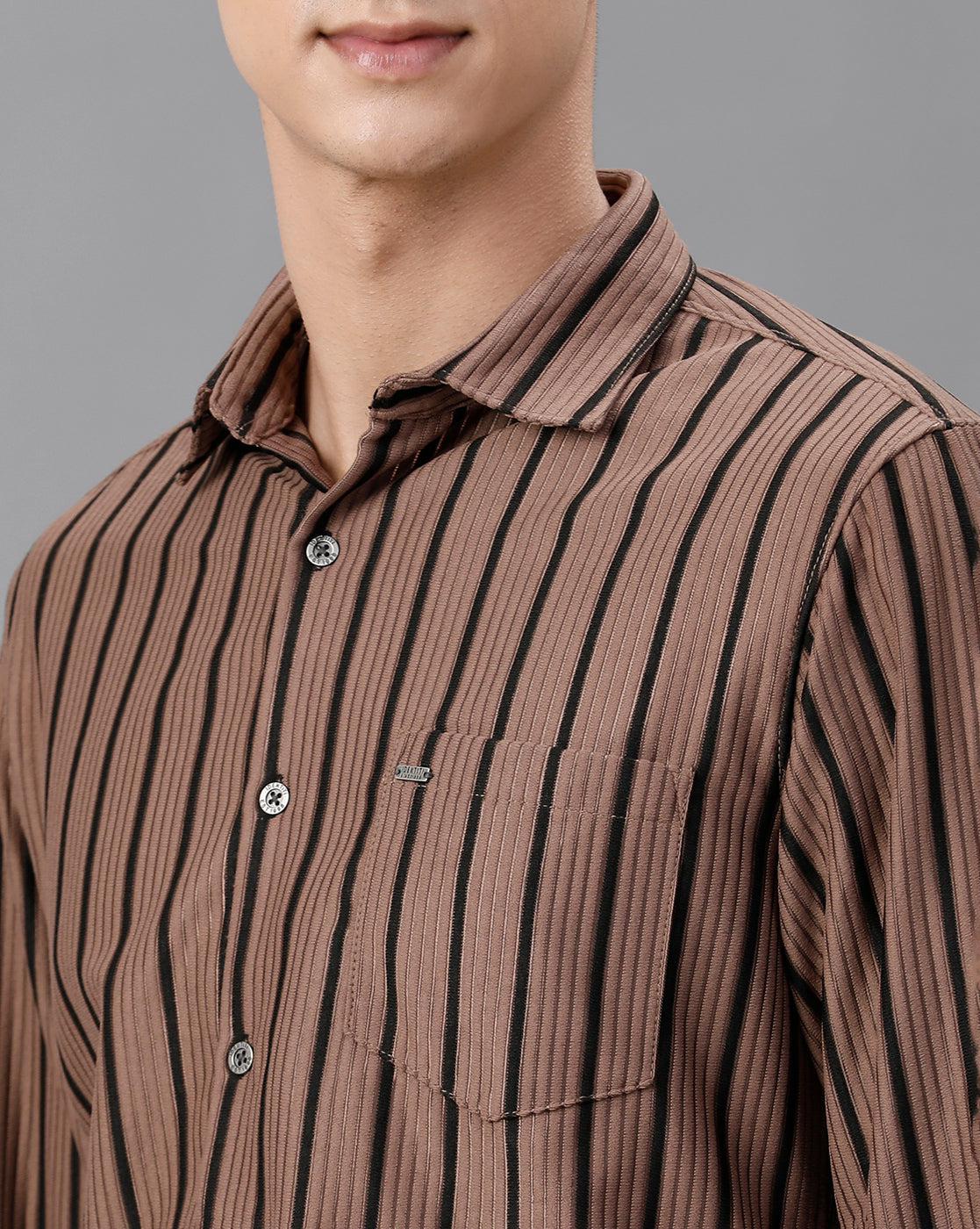 IDENTITI Men Slim Fit Regular Collar Stripe Shirt In Onion.