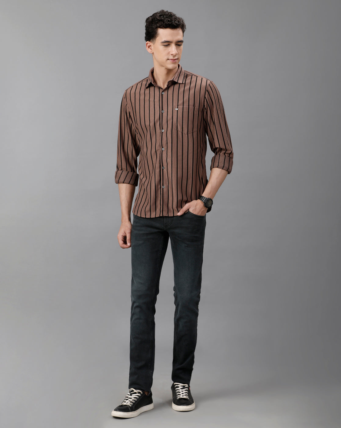 IDENTITI Men Slim Fit Regular Collar Stripe Shirt In Onion.