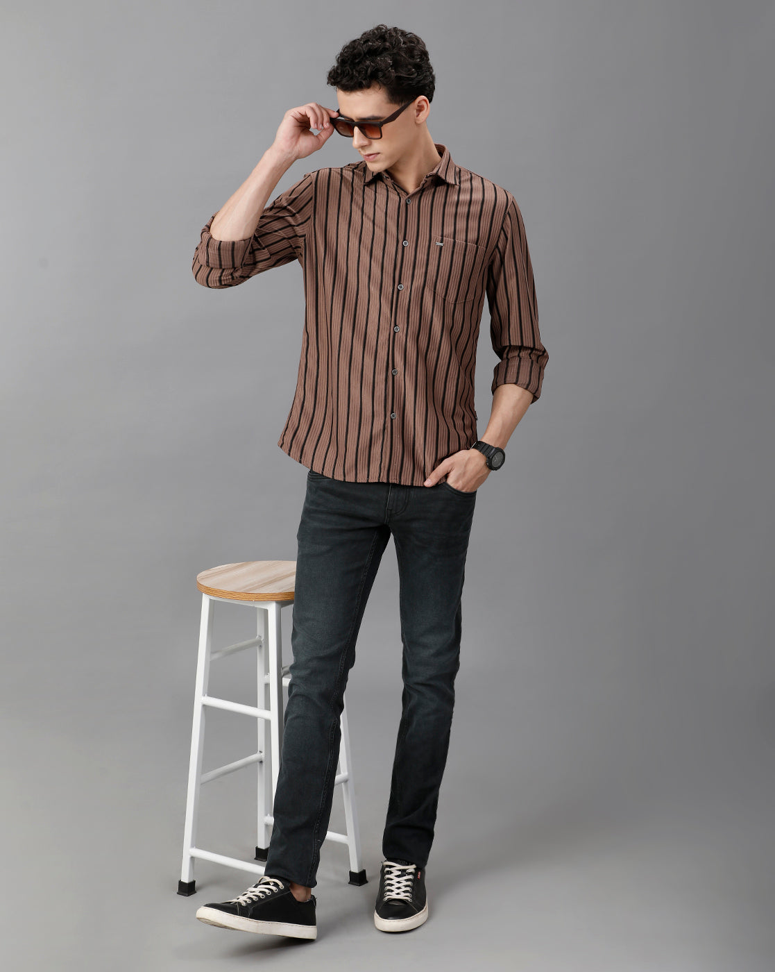 IDENTITI Men Slim Fit Regular Collar Stripe Shirt In Onion.