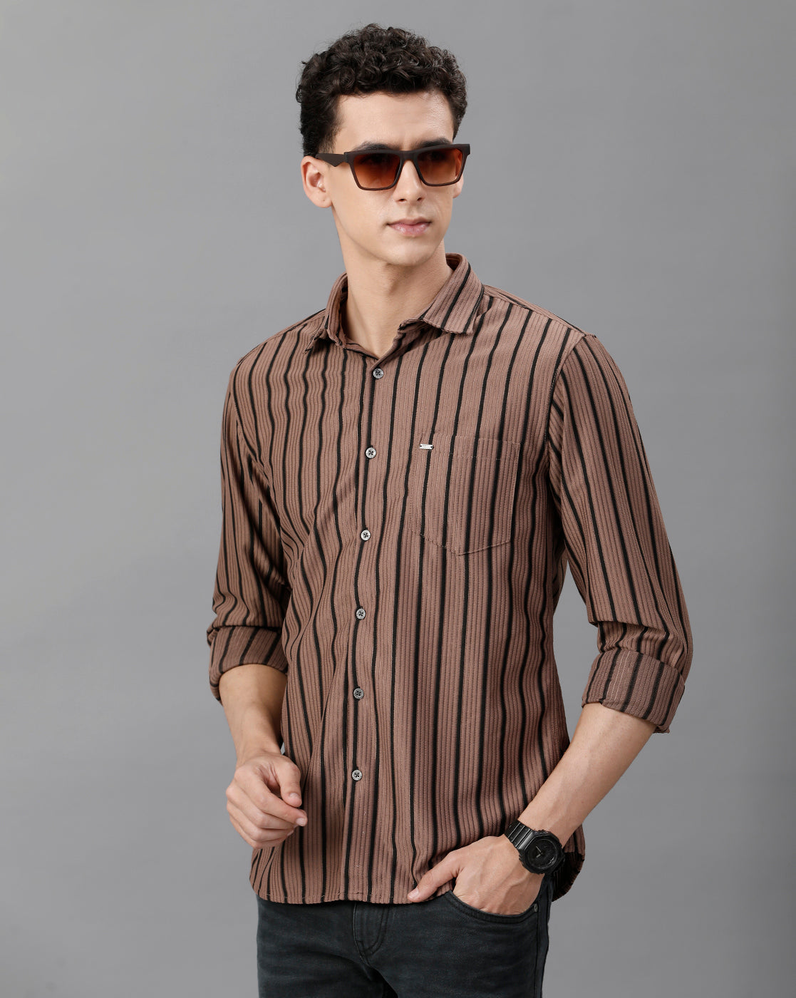 IDENTITI Men Slim Fit Regular Collar Stripe Shirt In Onion.