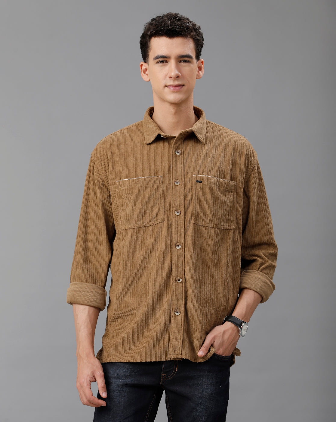 IDENTITI Men Oversized Fit Regular Collar Corduroy Shirt In Khaki.