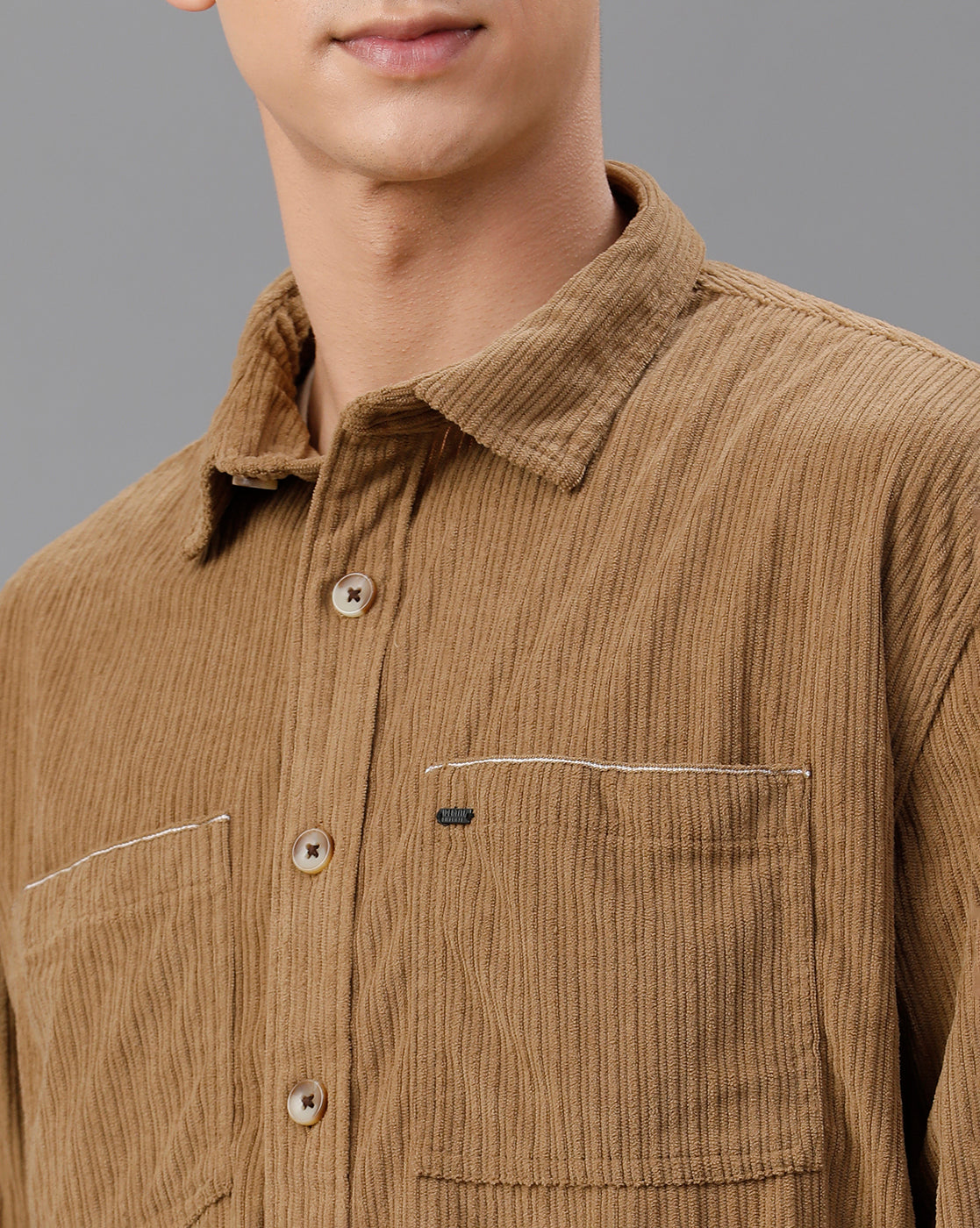 IDENTITI Men Oversized Fit Regular Collar Corduroy Shirt In Khaki.