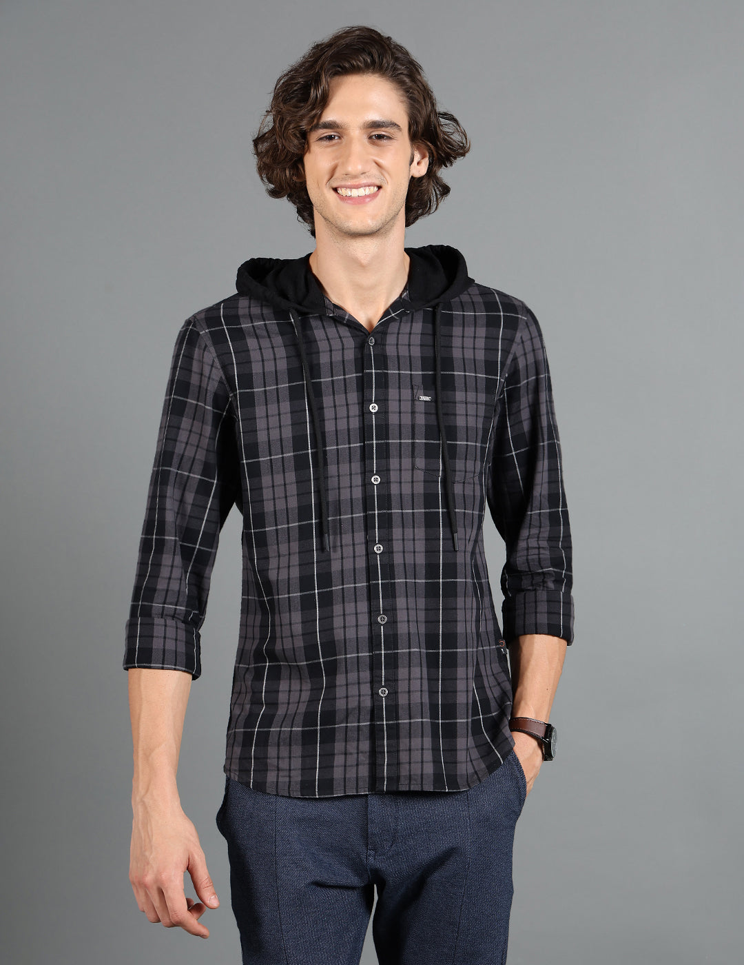 IDENTITI Men Slim Fit Hooded Checks Shirt In Black.