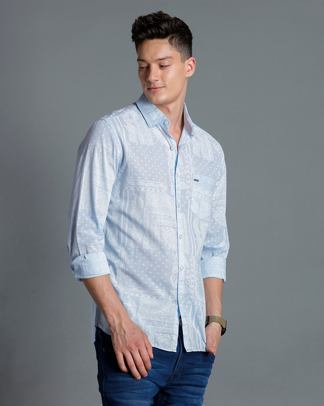 IDENTITI Men Slim Fit Regular Collar Printed Shirt In Blue