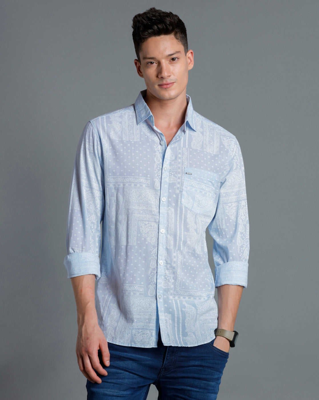 IDENTITI Men Slim Fit Regular Collar Printed Shirt In Blue