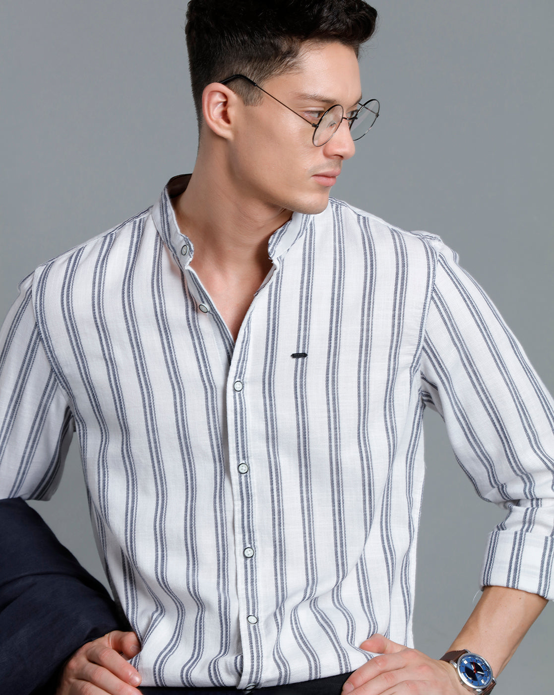 IDENTITI Men Slim Fit Mandarin Collar Striped Shirt In White
