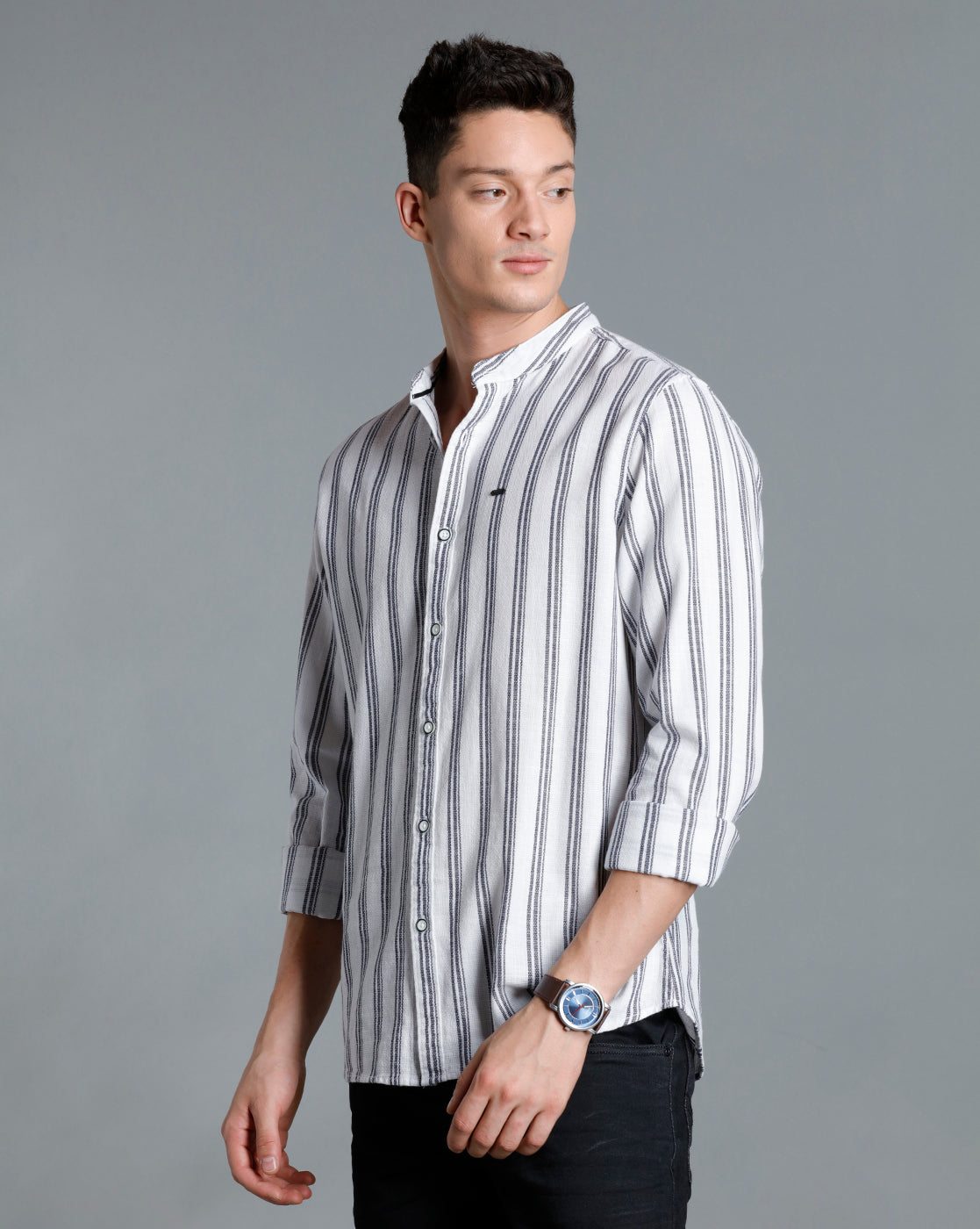 IDENTITI Men Slim Fit Mandarin Collar Striped Shirt In White