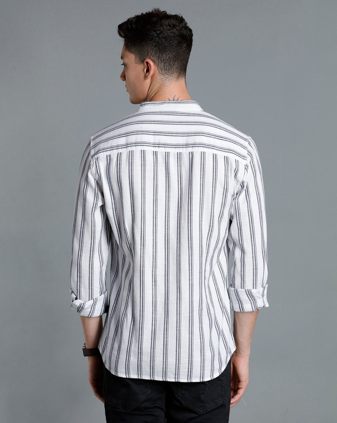 IDENTITI Men Slim Fit Mandarin Collar Striped Shirt In White