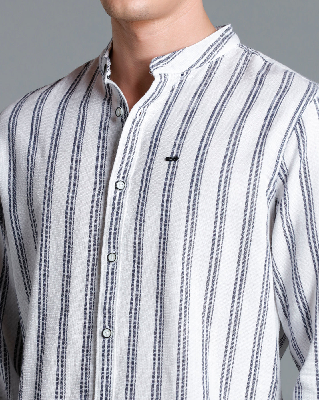IDENTITI Men Slim Fit Mandarin Collar Striped Shirt In White