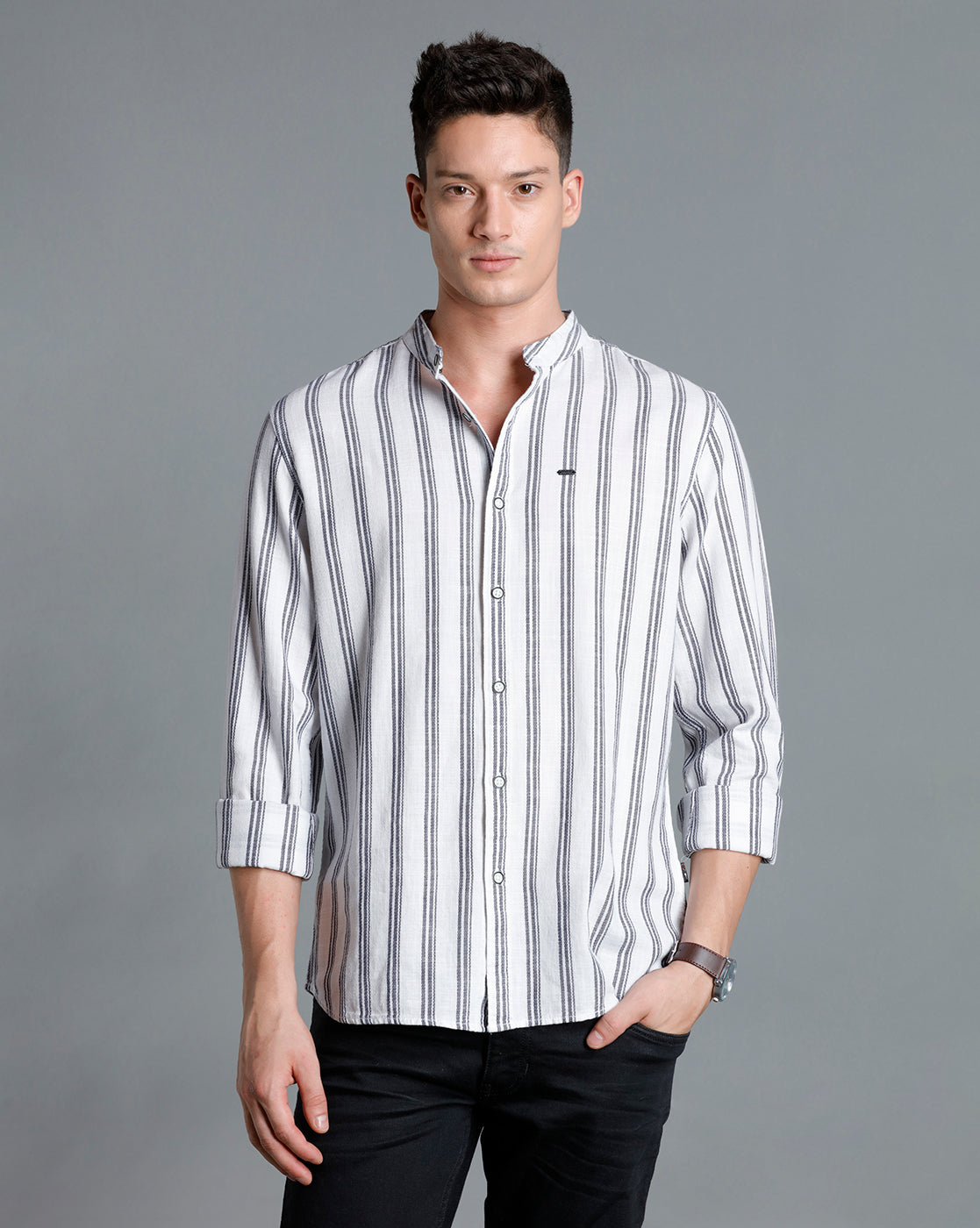 IDENTITI Men Slim Fit Mandarin Collar Striped Shirt In White