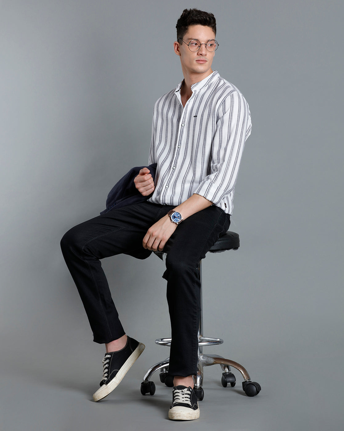 IDENTITI Men Slim Fit Mandarin Collar Striped Shirt In White