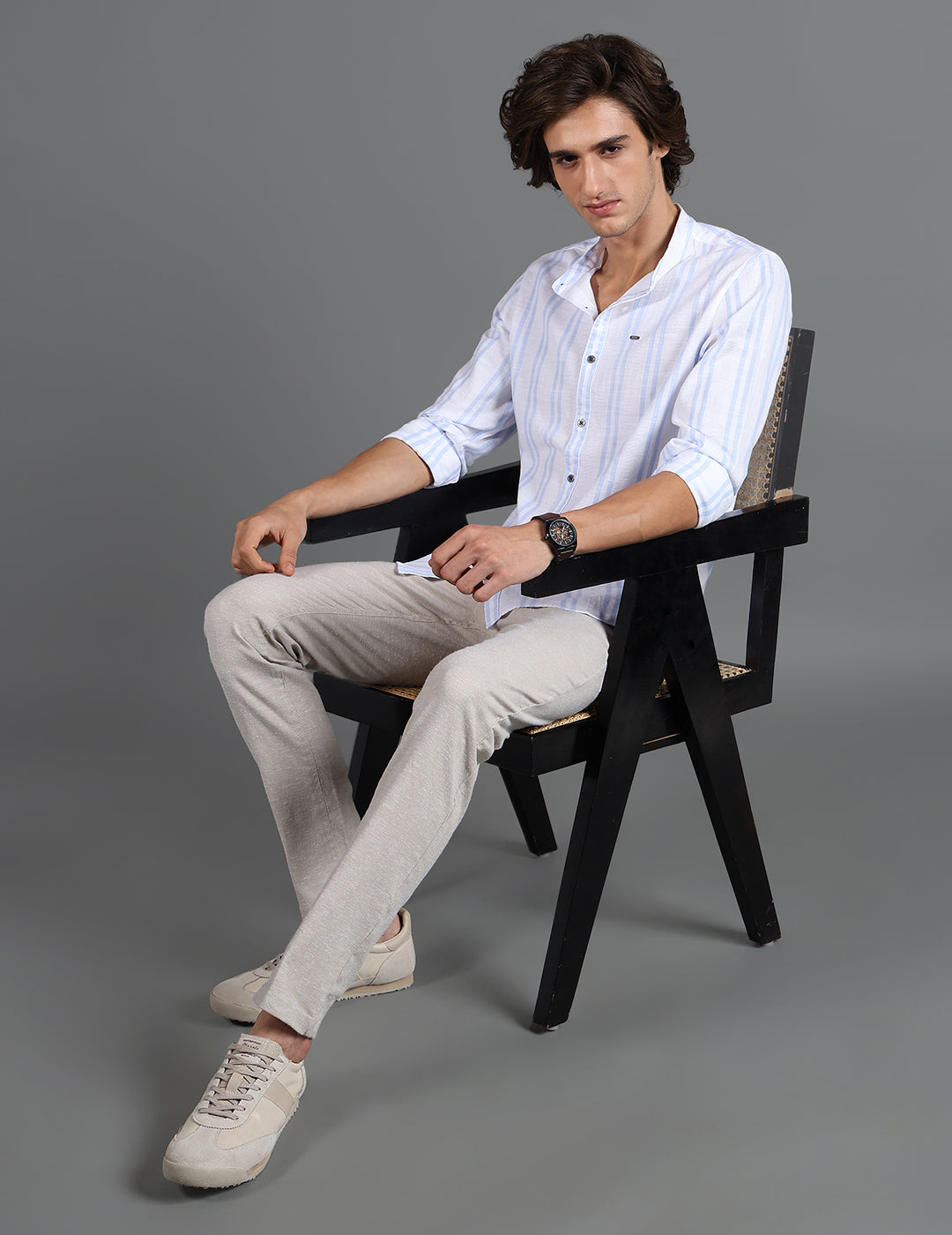 IDENTITI Men Slim Fit Mandarin Collar Striped Shirt In White.