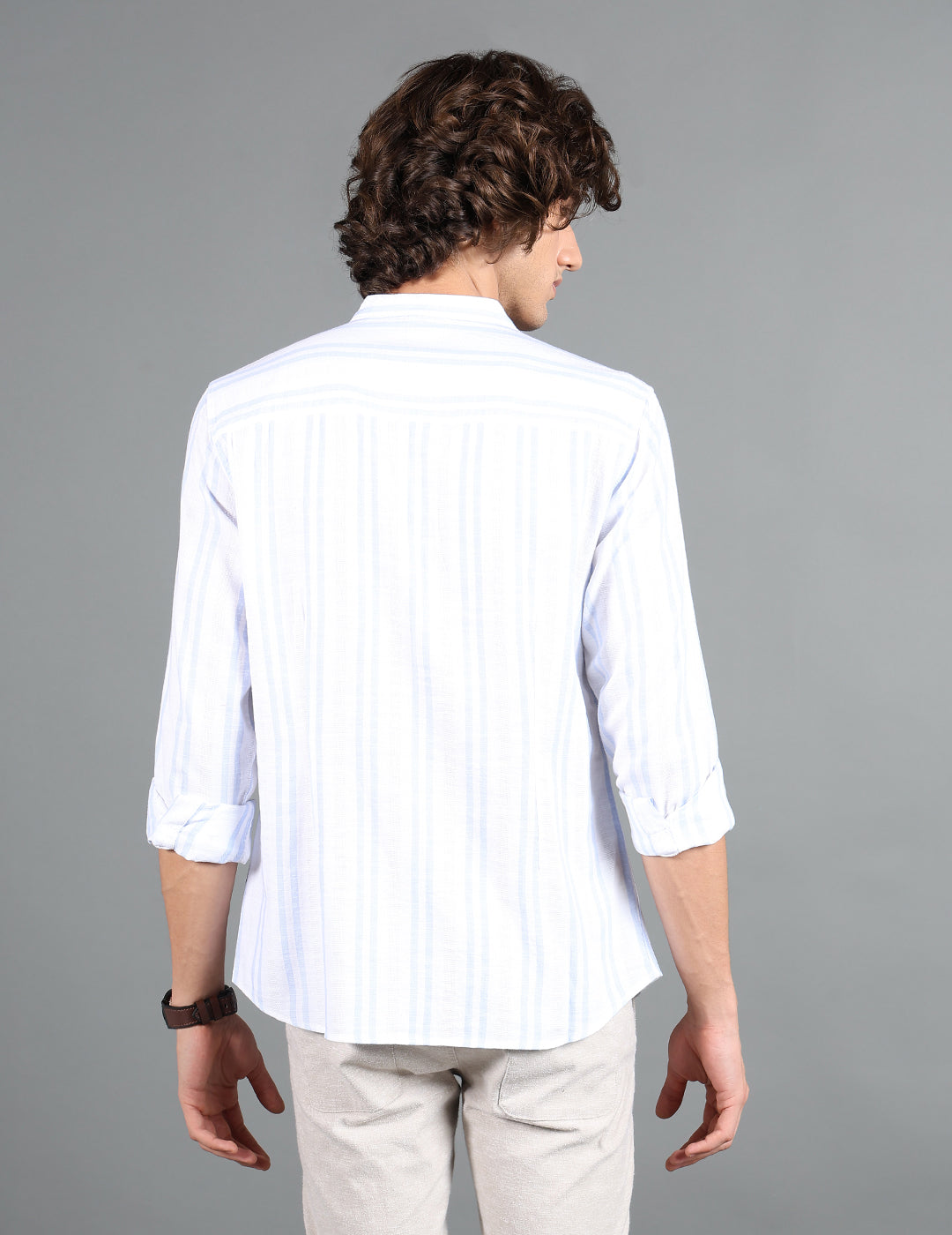 IDENTITI Men Slim Fit Mandarin Collar Striped Shirt In White.