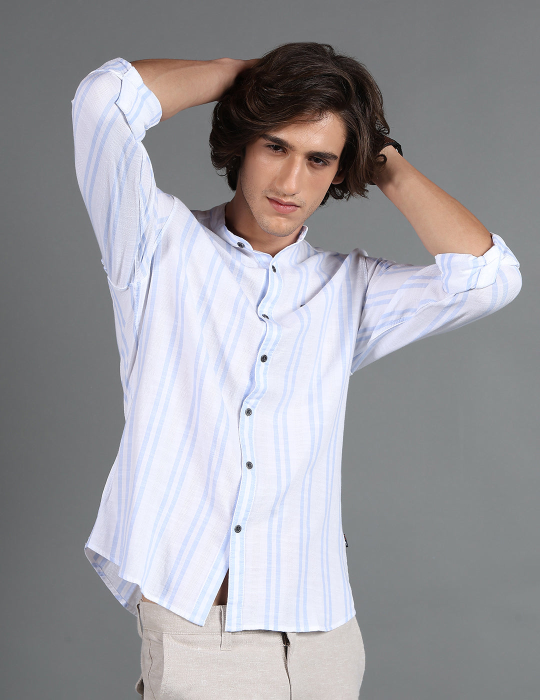 IDENTITI Men Slim Fit Mandarin Collar Striped Shirt In White.