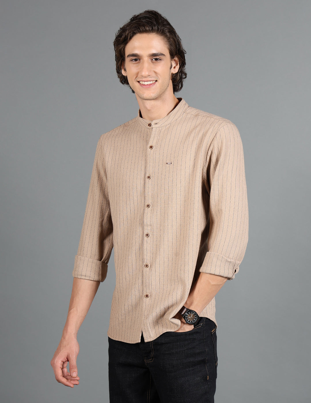IDENTITI Men Slim Fit Mandarin Collar Striped Shirt In Khaki.