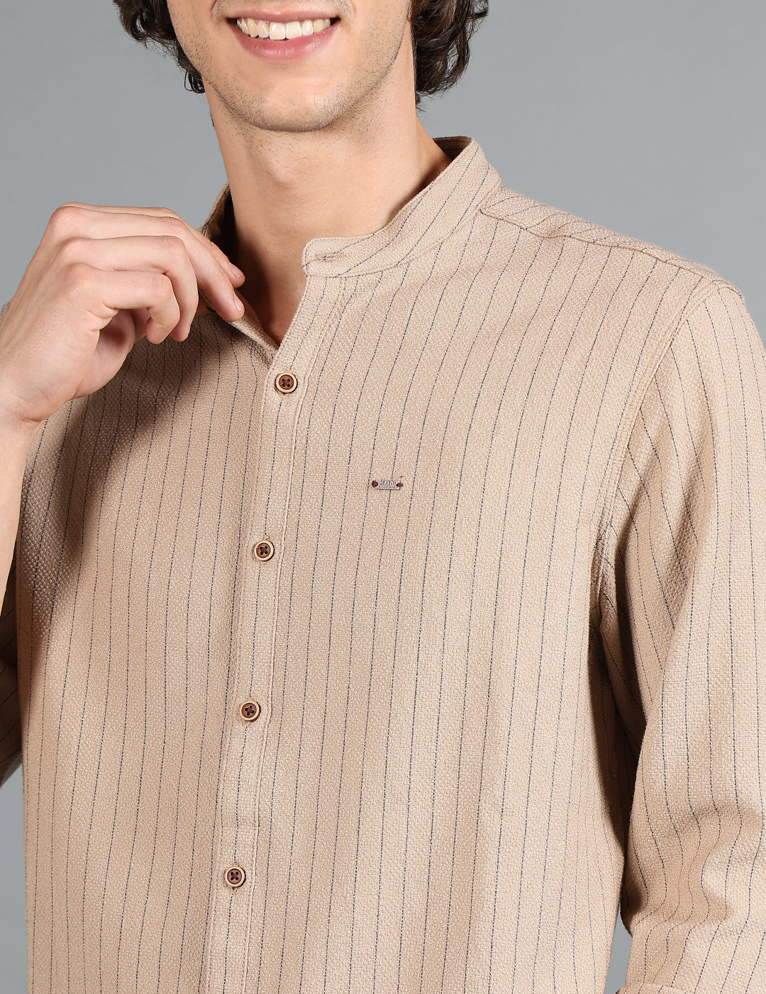 IDENTITI Men Slim Fit Mandarin Collar Striped Shirt In Khaki.