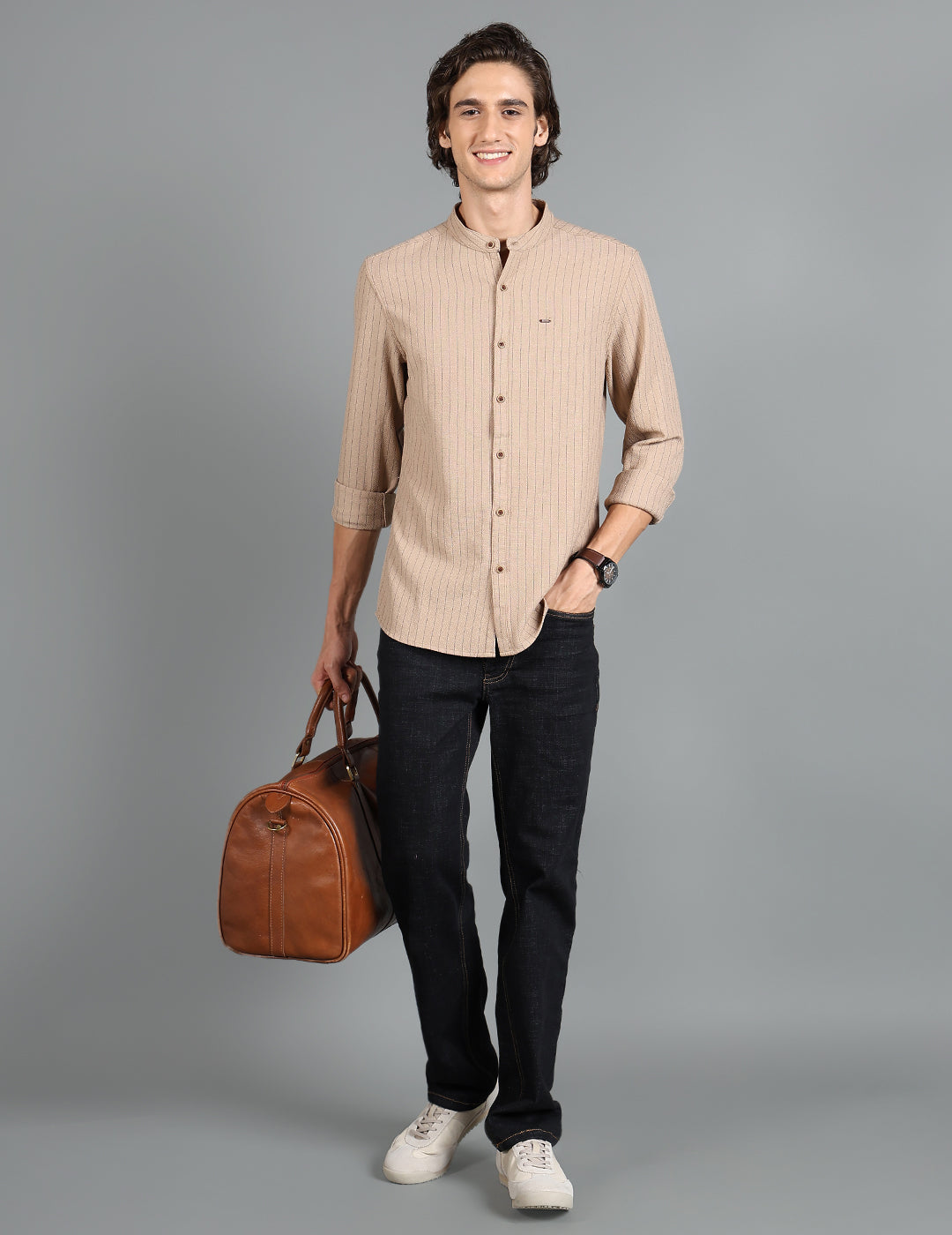 IDENTITI Men Slim Fit Mandarin Collar Striped Shirt In Khaki.