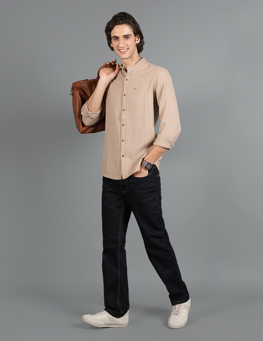 IDENTITI Men Slim Fit Mandarin Collar Striped Shirt In Khaki.