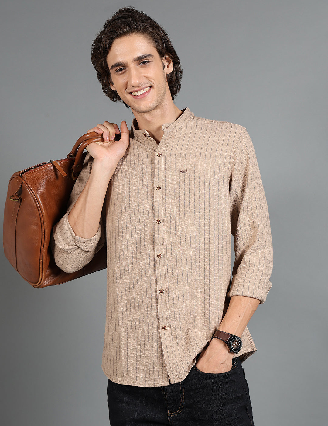 IDENTITI Men Slim Fit Mandarin Collar Striped Shirt In Khaki.