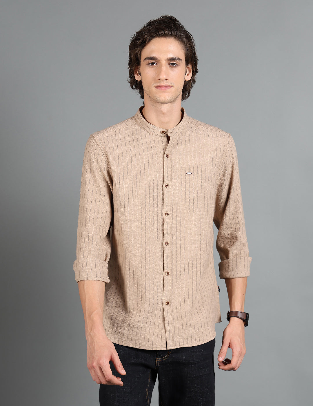 IDENTITI Men Slim Fit Mandarin Collar Striped Shirt In Khaki.