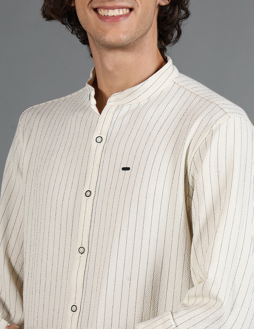 IDENTITI Men Slim Fit Mandarin Collar Striped Shirt In Offwhite.