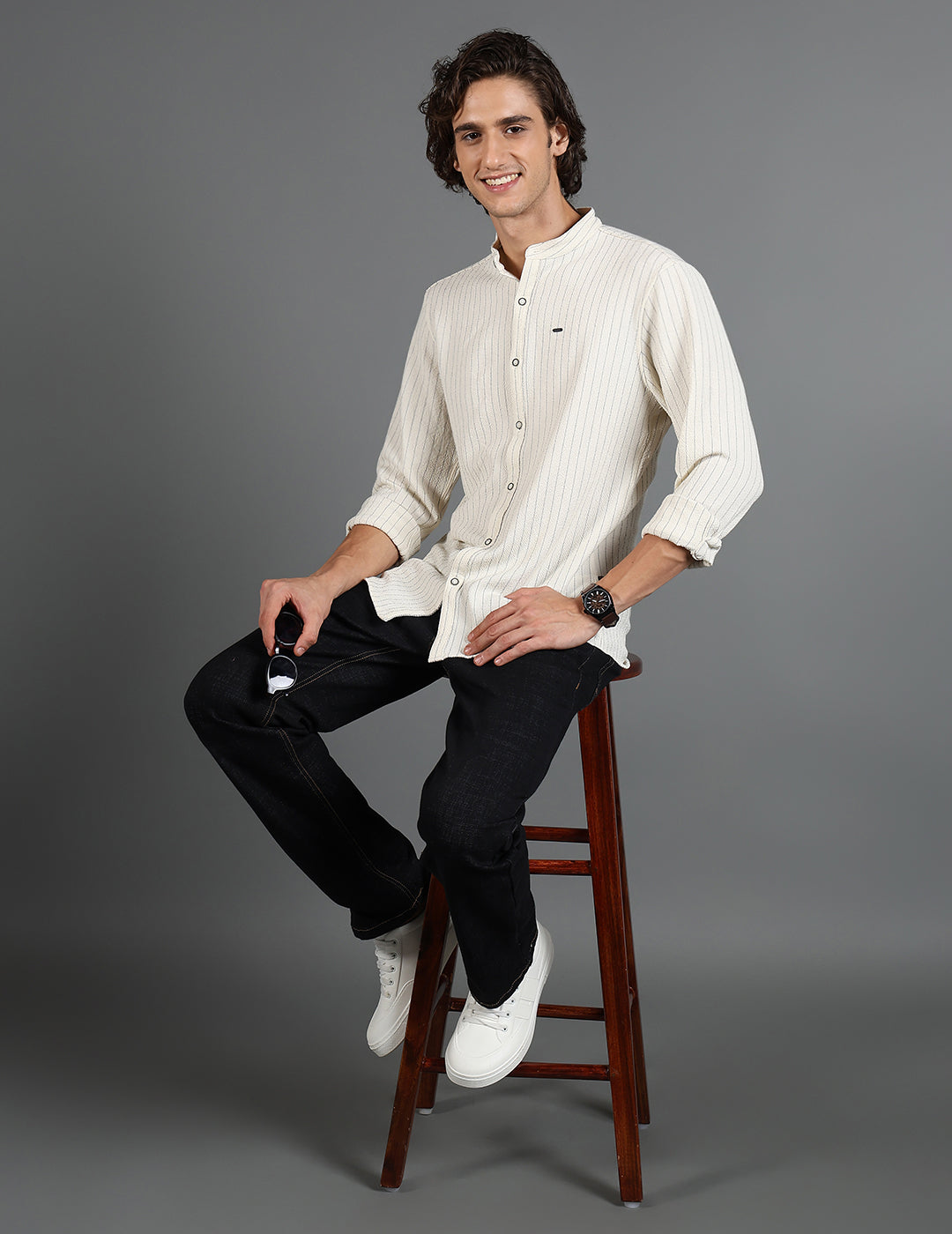 IDENTITI Men Slim Fit Mandarin Collar Striped Shirt In Offwhite.