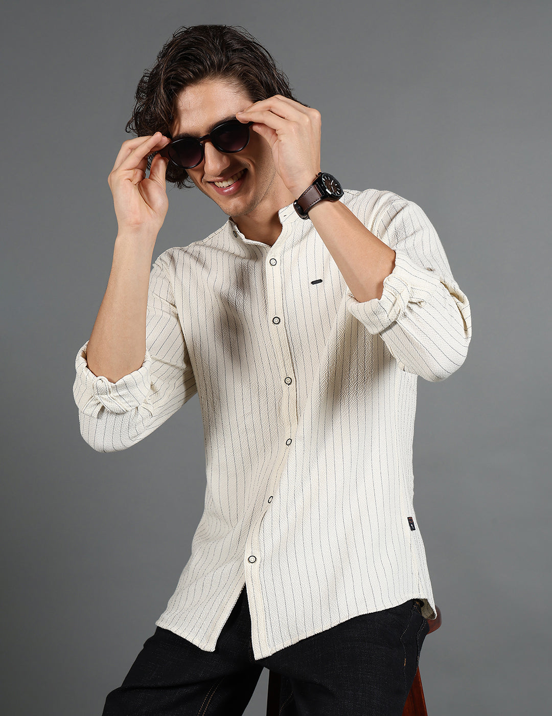 IDENTITI Men Slim Fit Mandarin Collar Striped Shirt In Offwhite.