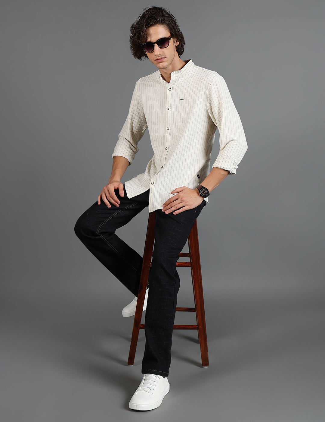 IDENTITI Men Slim Fit Mandarin Collar Striped Shirt In Offwhite.