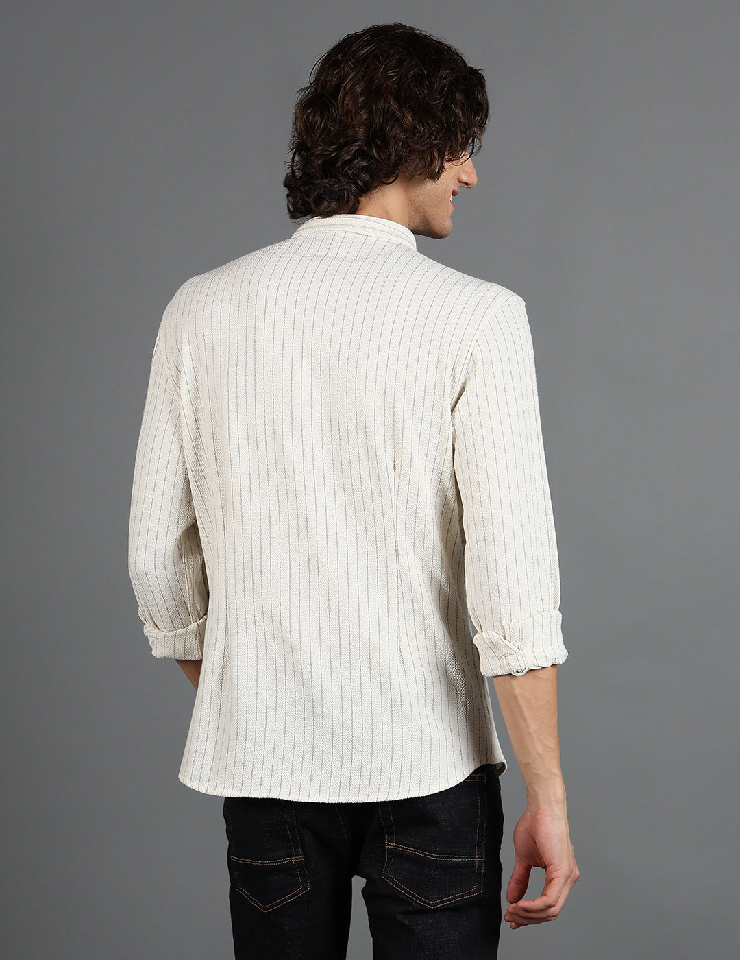 IDENTITI Men Slim Fit Mandarin Collar Striped Shirt In Offwhite.