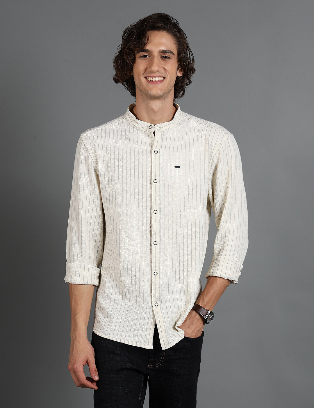 IDENTITI Men Slim Fit Mandarin Collar Striped Shirt In Offwhite.