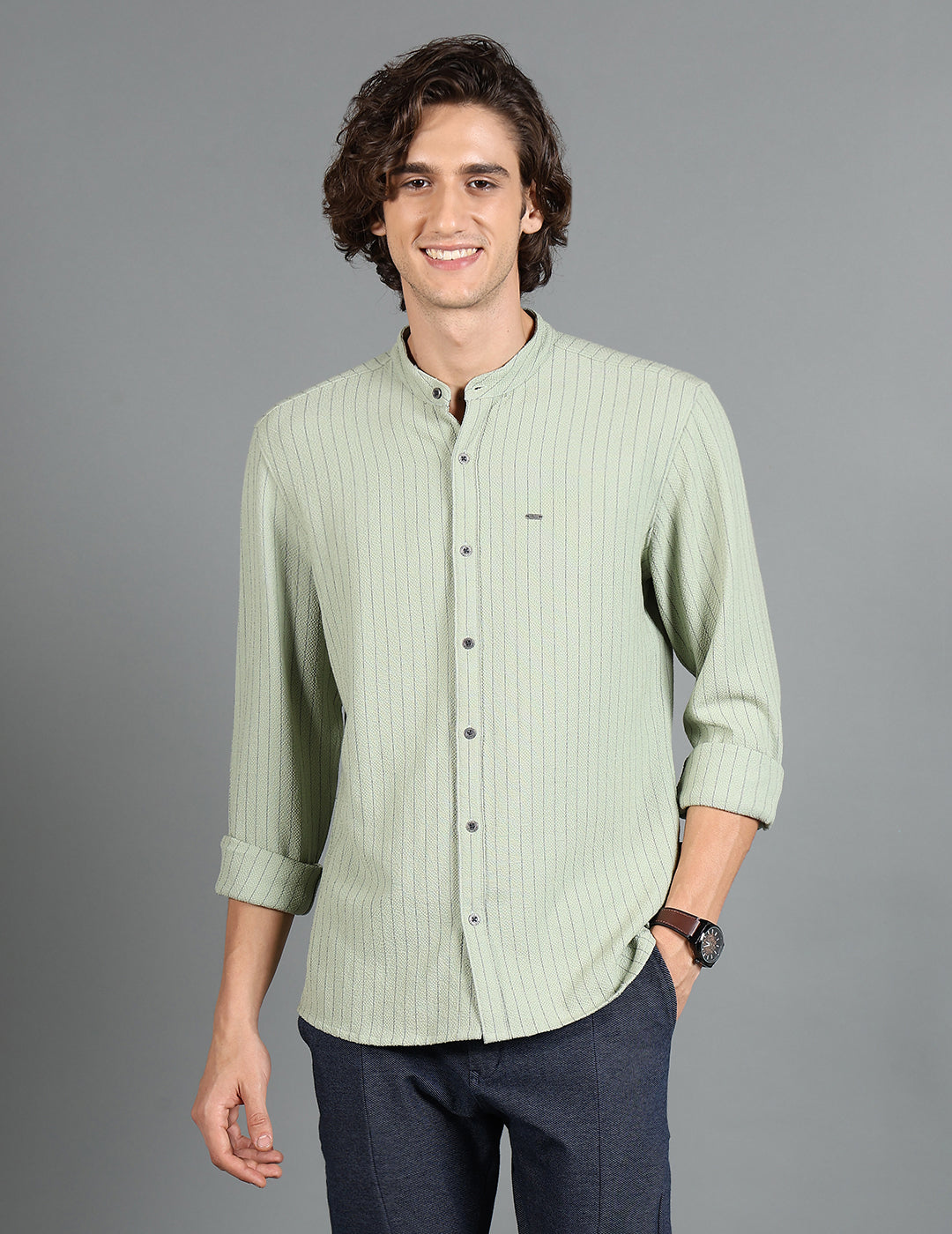 IDENTITI Men Slim Fit Mandarin Collar Striped Shirt In Pista Green.