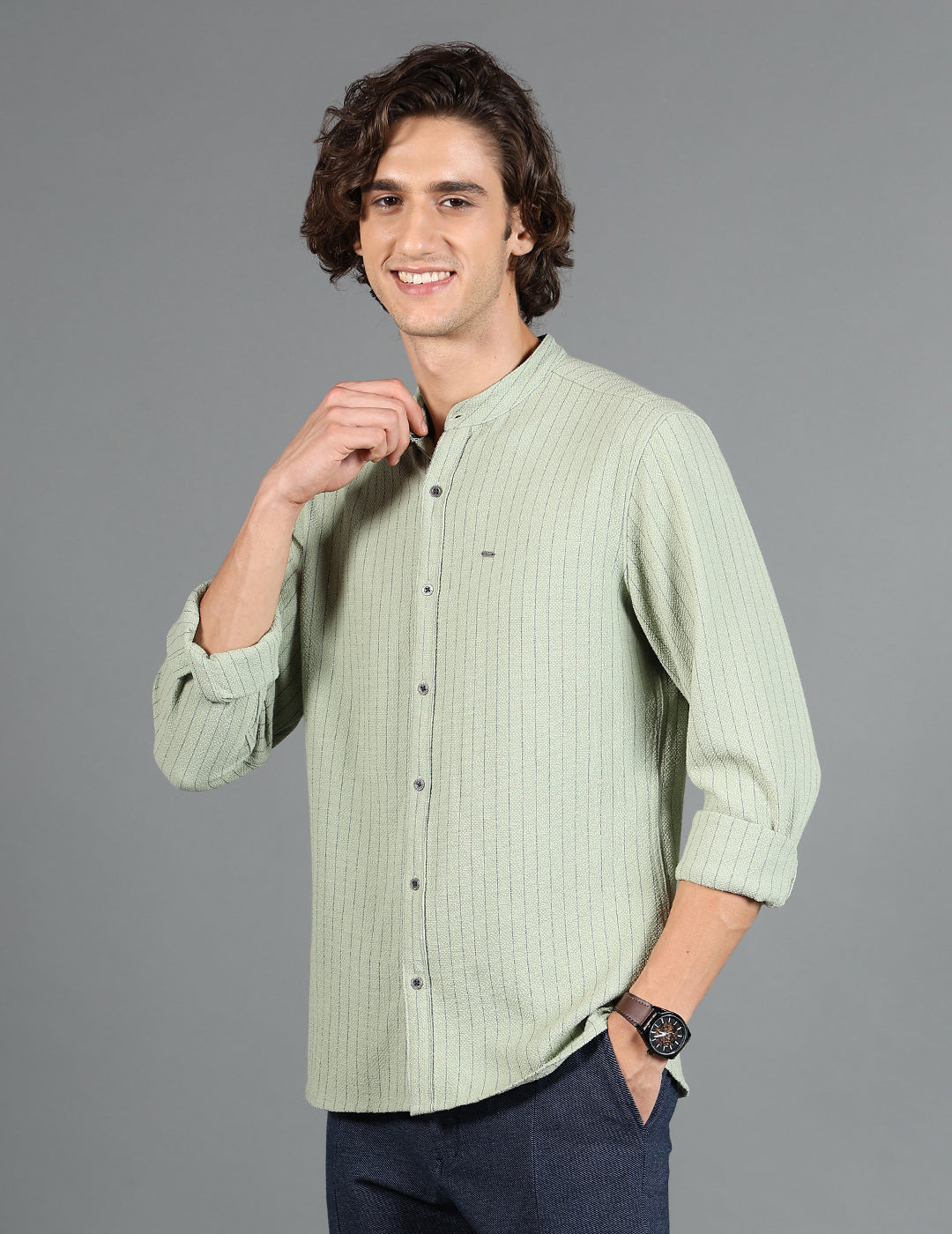 IDENTITI Men Slim Fit Mandarin Collar Striped Shirt In Pista Green.