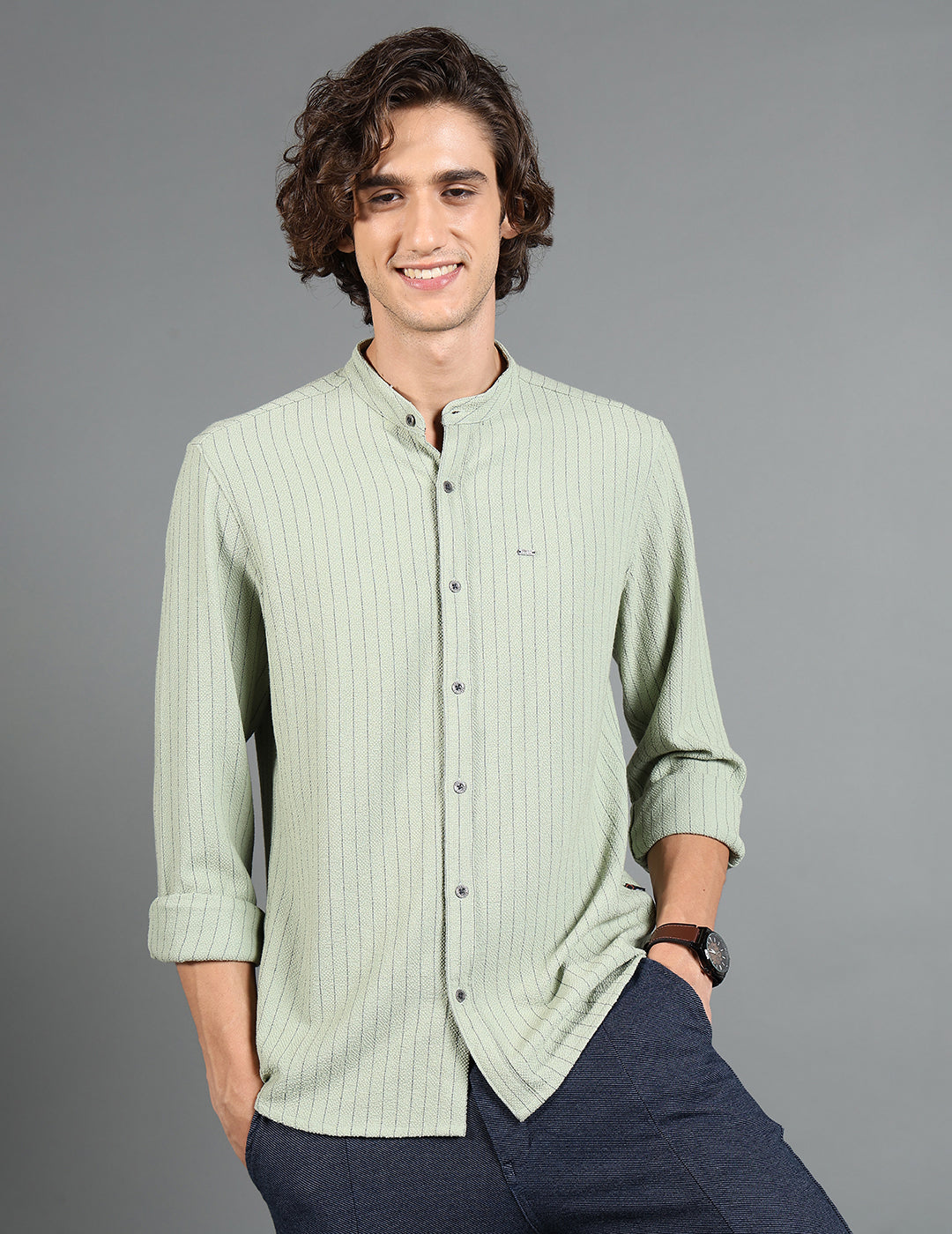 IDENTITI Men Slim Fit Mandarin Collar Striped Shirt In Pista Green.