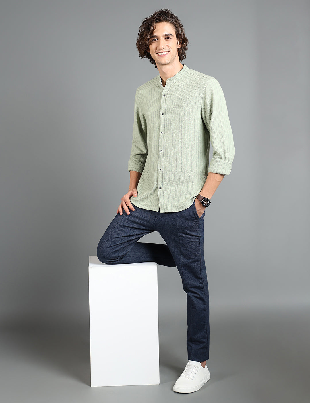 IDENTITI Men Slim Fit Mandarin Collar Striped Shirt In Pista Green.