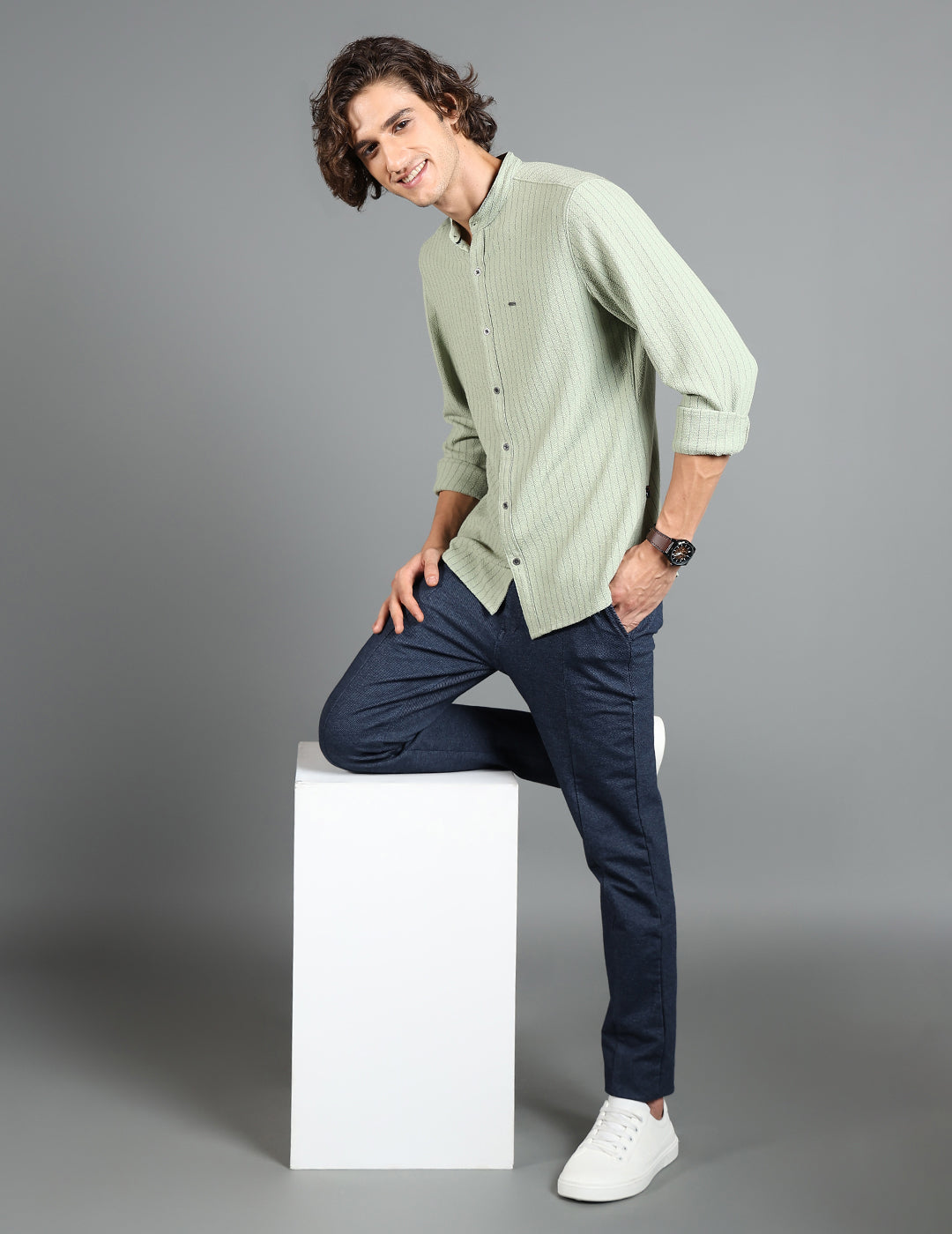 IDENTITI Men Slim Fit Mandarin Collar Striped Shirt In Pista Green.