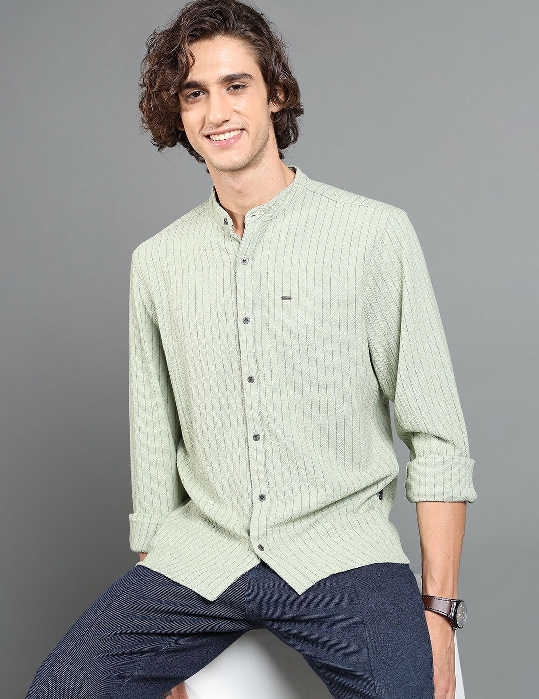 IDENTITI Men Slim Fit Mandarin Collar Striped Shirt In Pista Green.